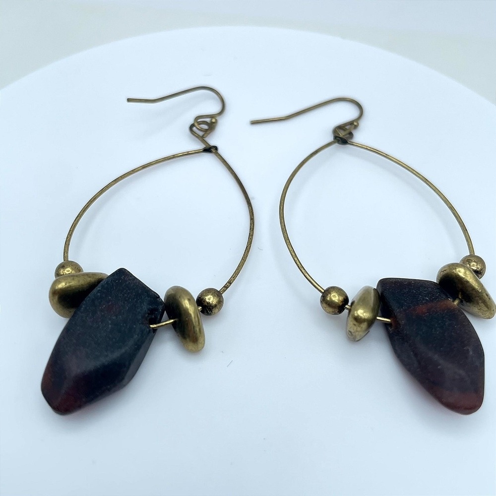 Handmade Brass Teardrop Hoop Earrings Raw Dark Purple Stone Boho Artisan Jewelry
